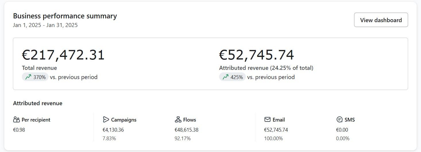 Klaviyo business performance summary, January 1–31, 2025